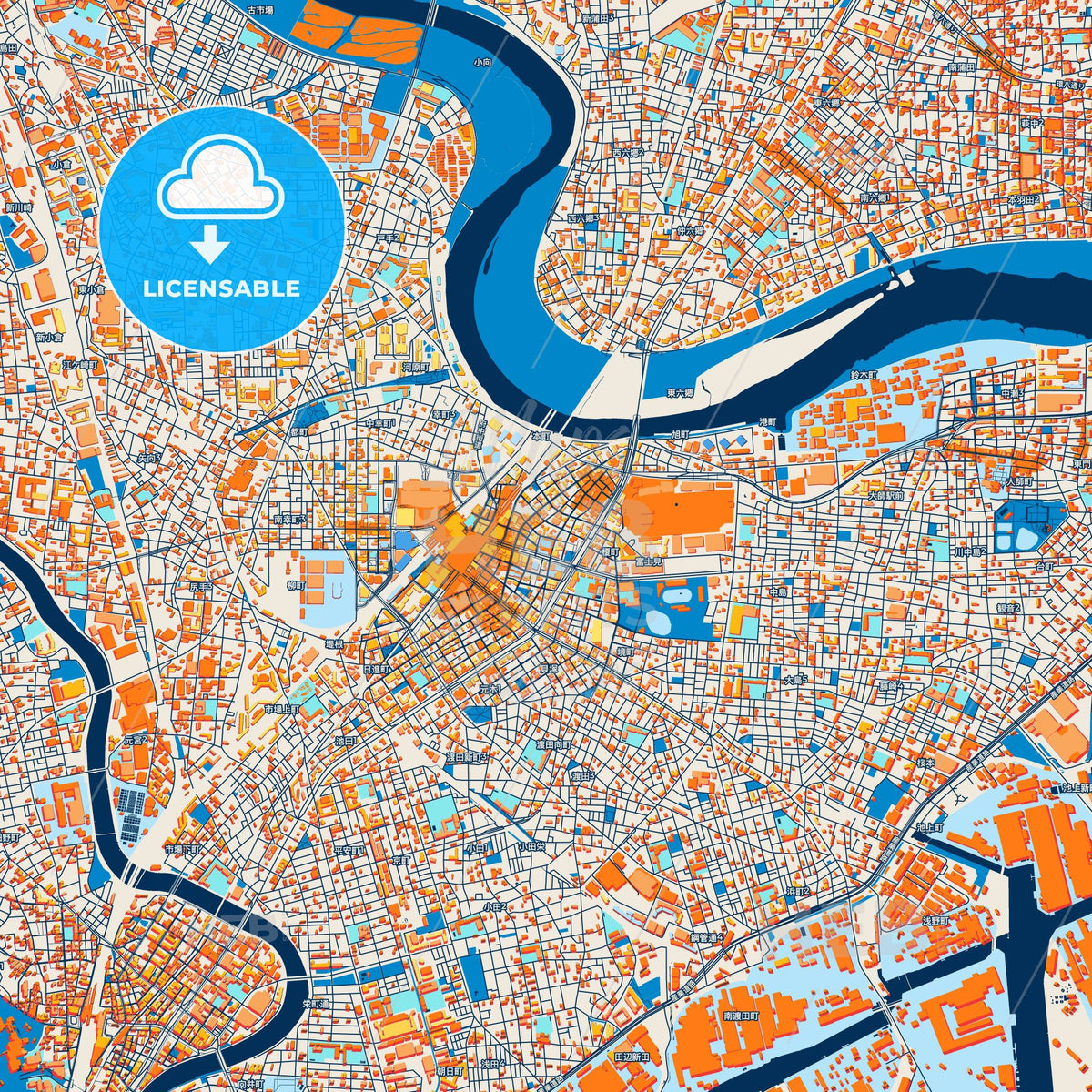Colorful Kawasaki Street Map with Labels and Buildings