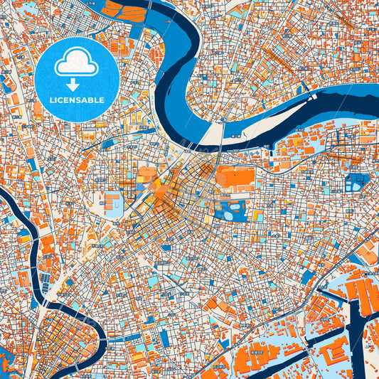 Colorful Kawasaki Street Map with Labels and Buildings