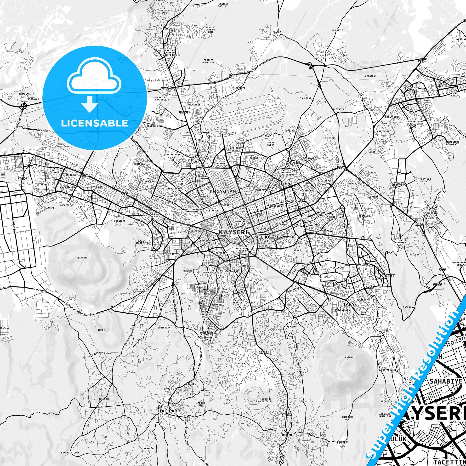 Kayseri, Turkey light map with streetnames, citynames and districts