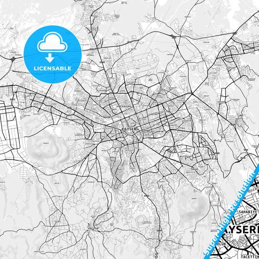 Kayseri, Turkey light map with streetnames, citynames and districts
