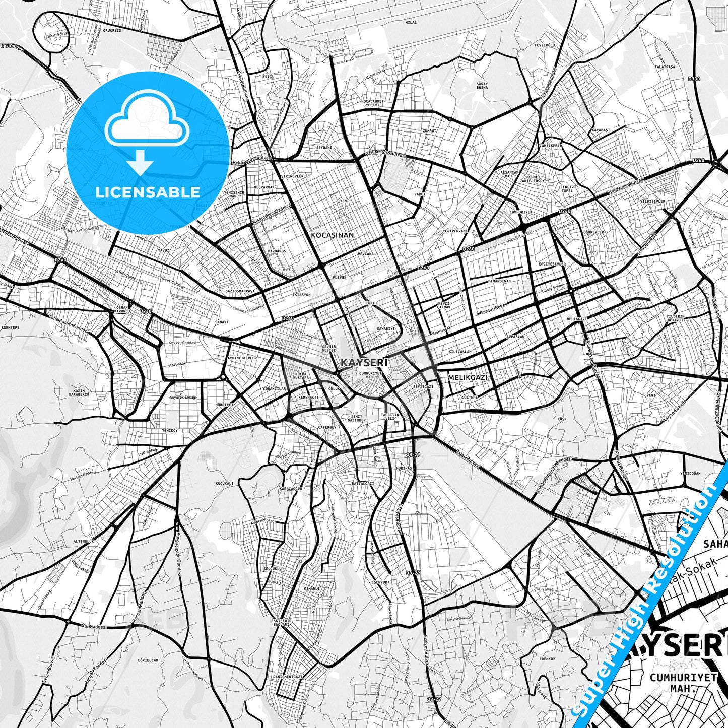 Kayseri, Turkey Light Map with Street Names, City Names, and Districts