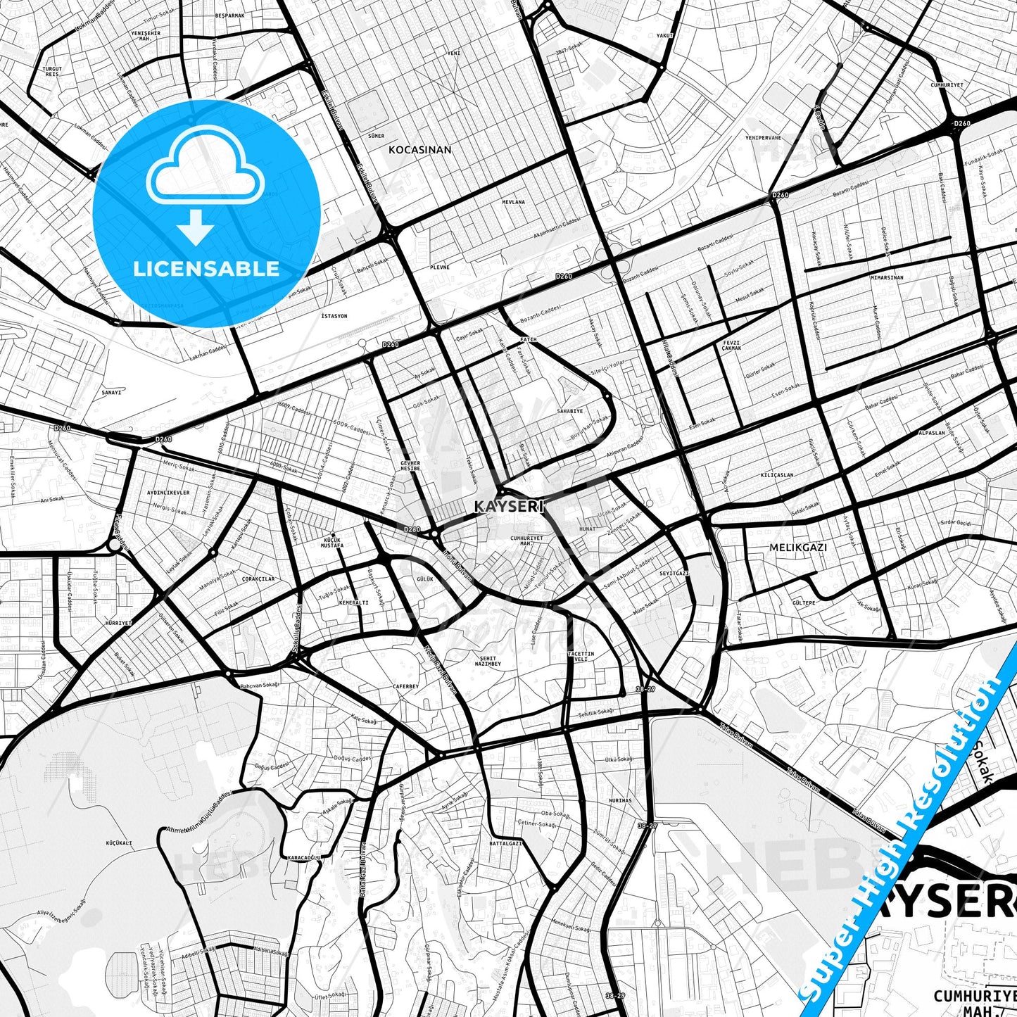 Kayseri, Turkey Light Map with Street Names, City Names, and Districts