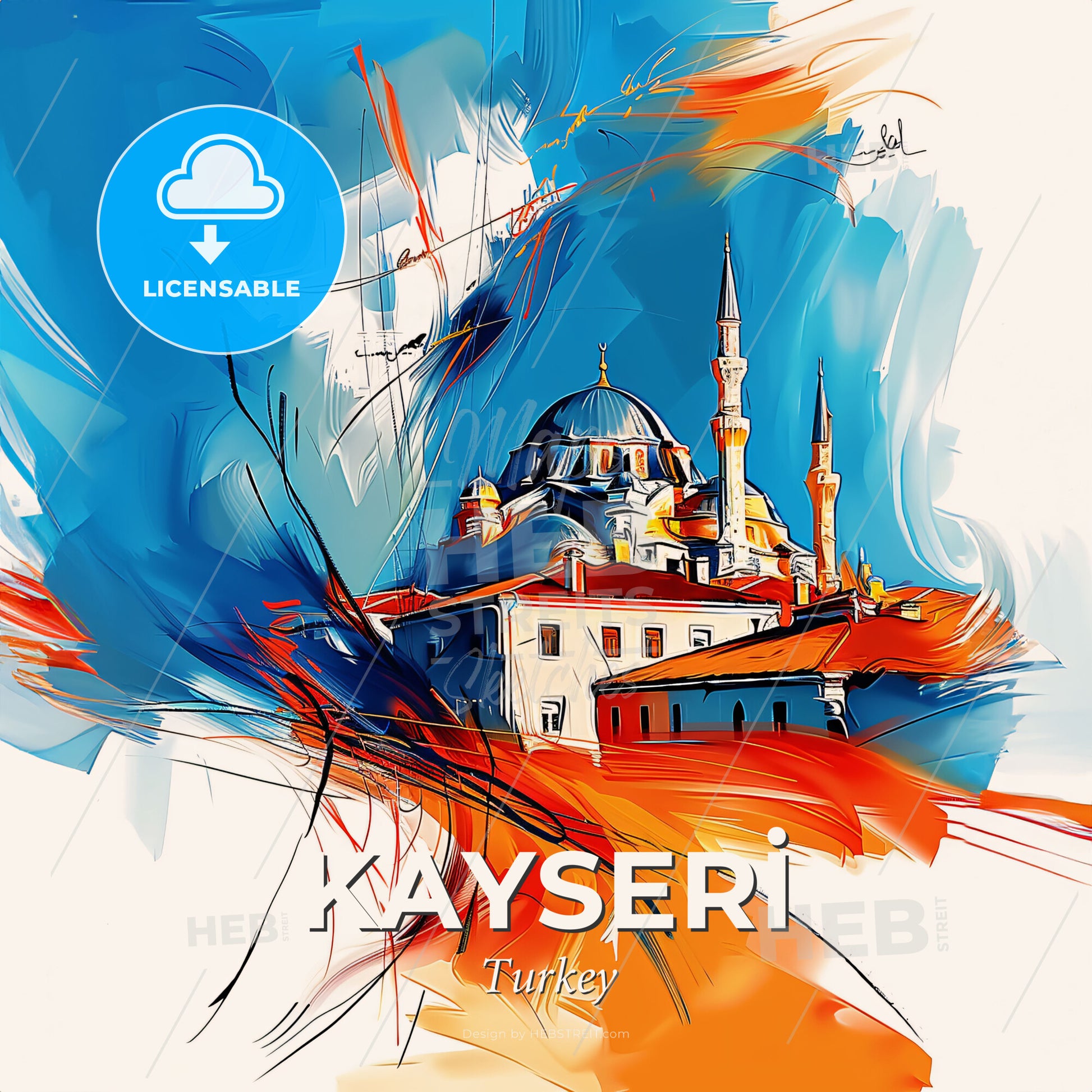 Vibrant Kayseri̇, Turkey - A Painting Of A Building With Towers And A Blue And Orange Background - Square format print template