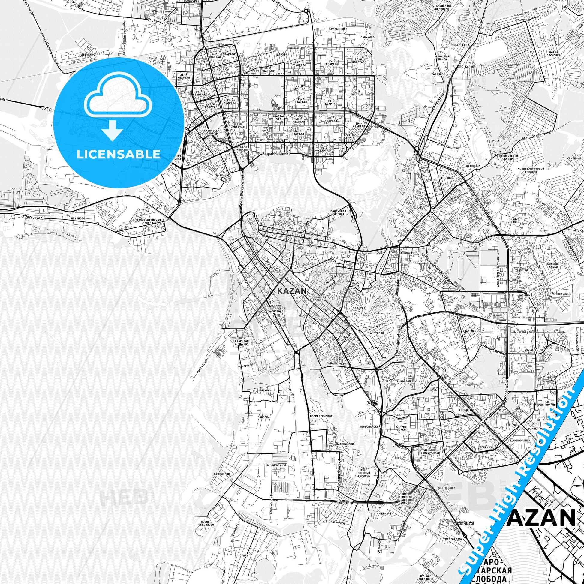 Kazan, Russia light map with streetnames, citynames and districts