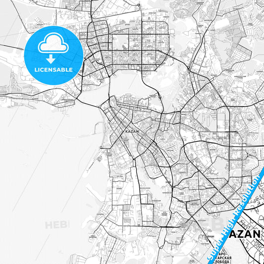 Kazan, Russia light map with streetnames, citynames and districts