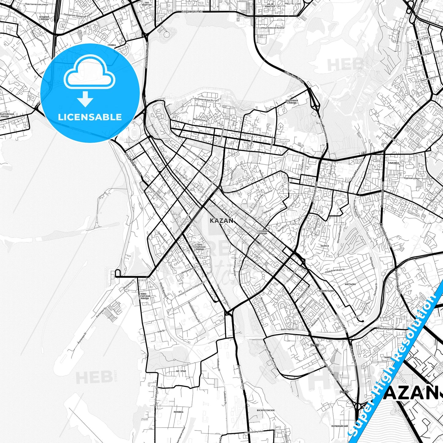 Kazan, Russia Light Map with Street Names, City Names, and Districts