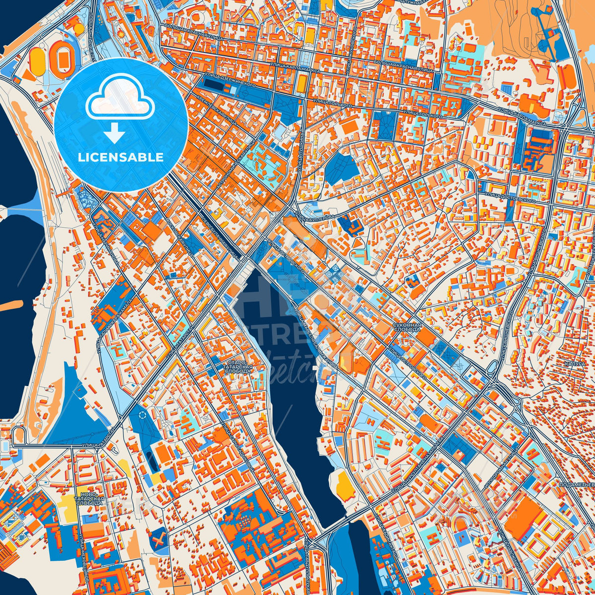 Colorful Kazan Street Map with Labels and Buildings