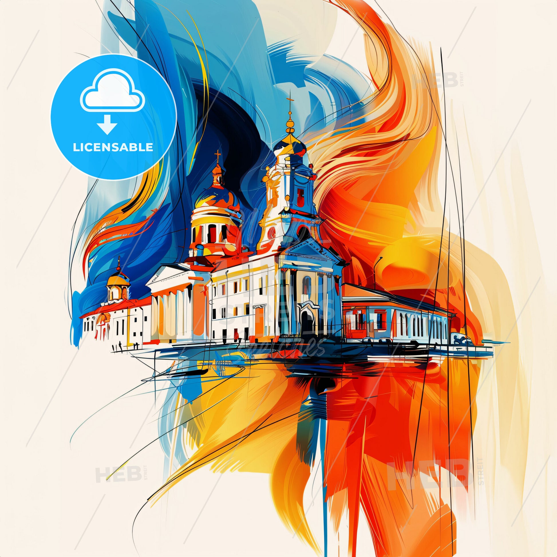 Vibrant Казань, Russia - A Painting Of A Building With Colorful Smoke