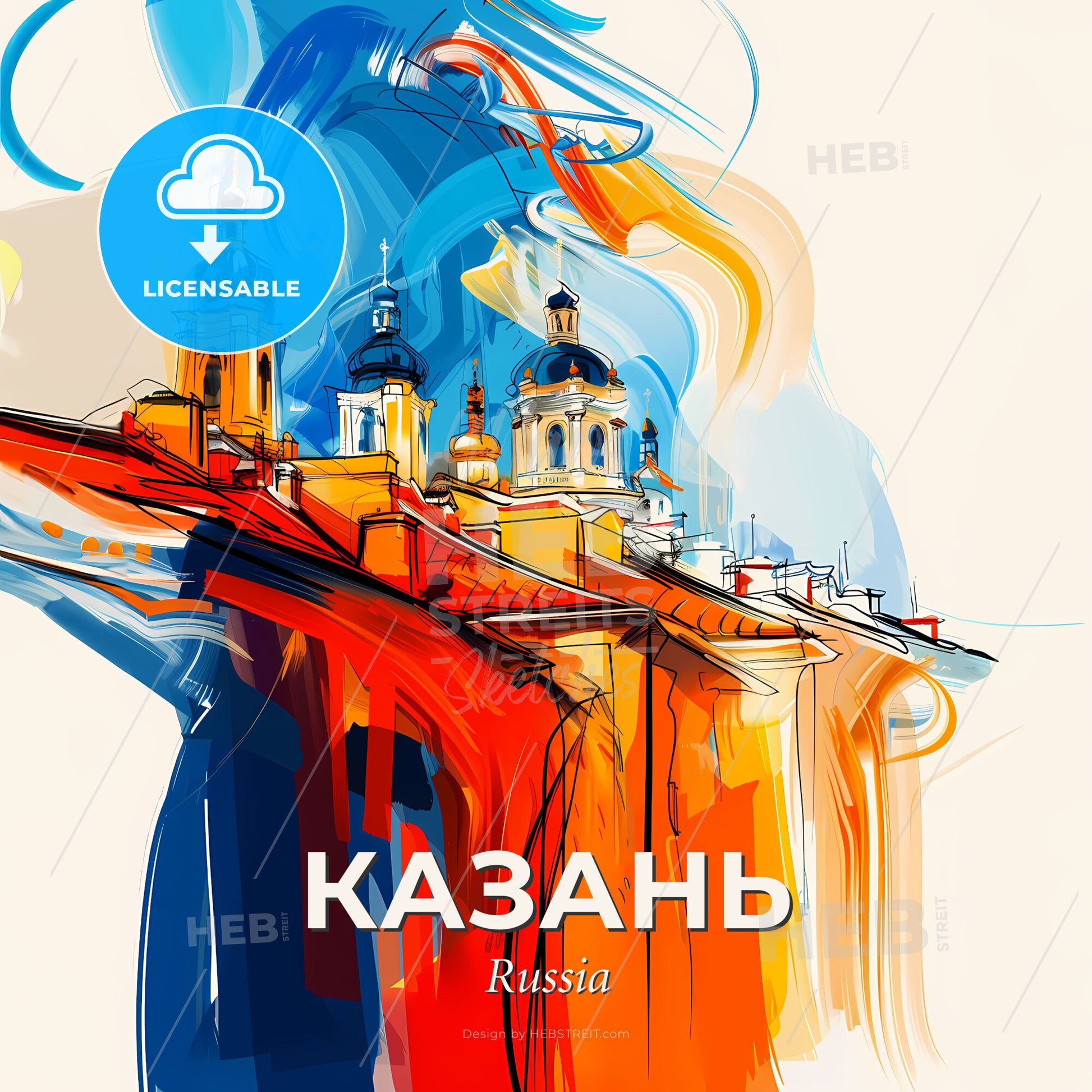 Vibrant Казань, Russia - A Painting Of A Building With Blue And Orange Colors - Square format print template