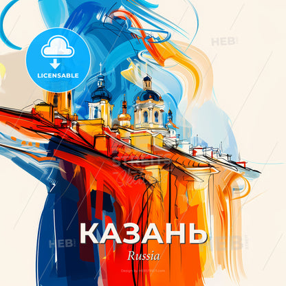 Vibrant Казань, Russia - A Painting Of A Building With Blue And Orange Colors - Square format print template