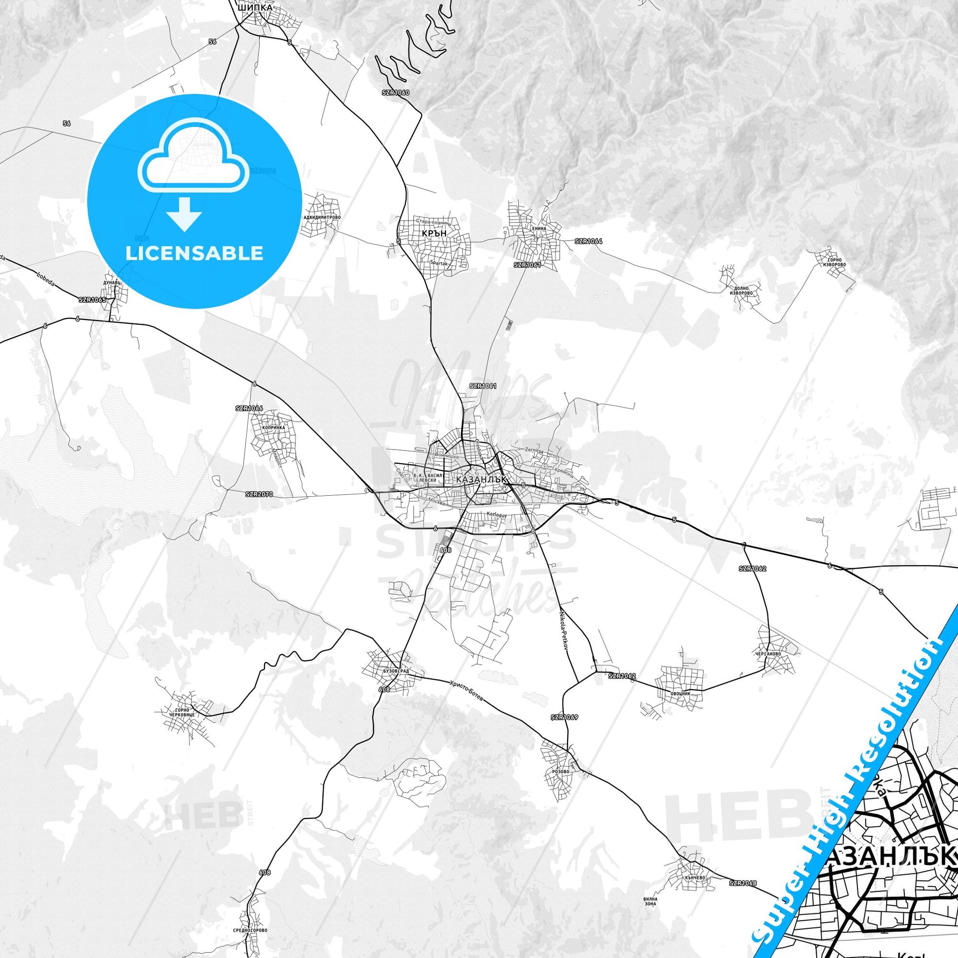 Kazanlak, Bulgaria light map with streetnames, citynames and districts