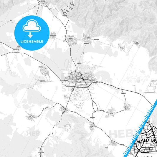 Kazanlak, Bulgaria light map with streetnames, citynames and districts