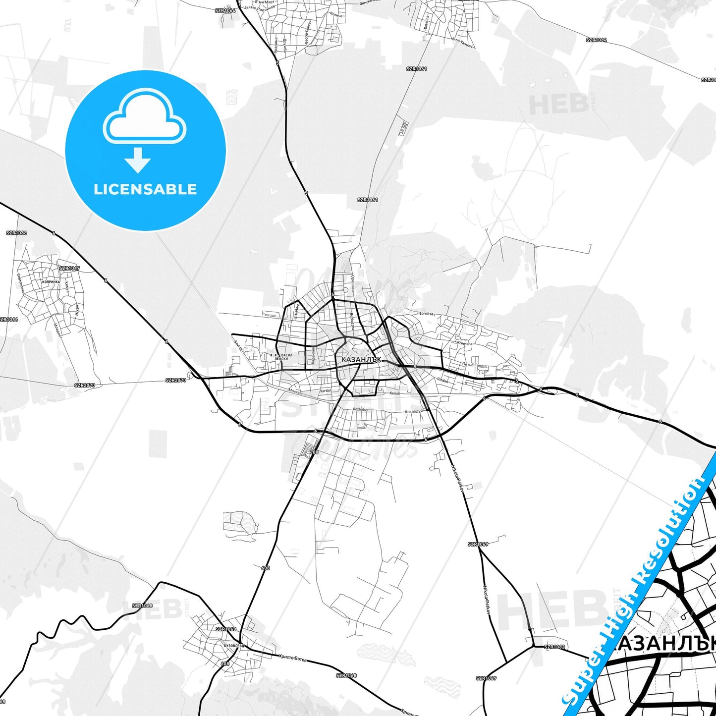Kazanlak, Bulgaria Light Map with Street Names, City Names, and Districts
