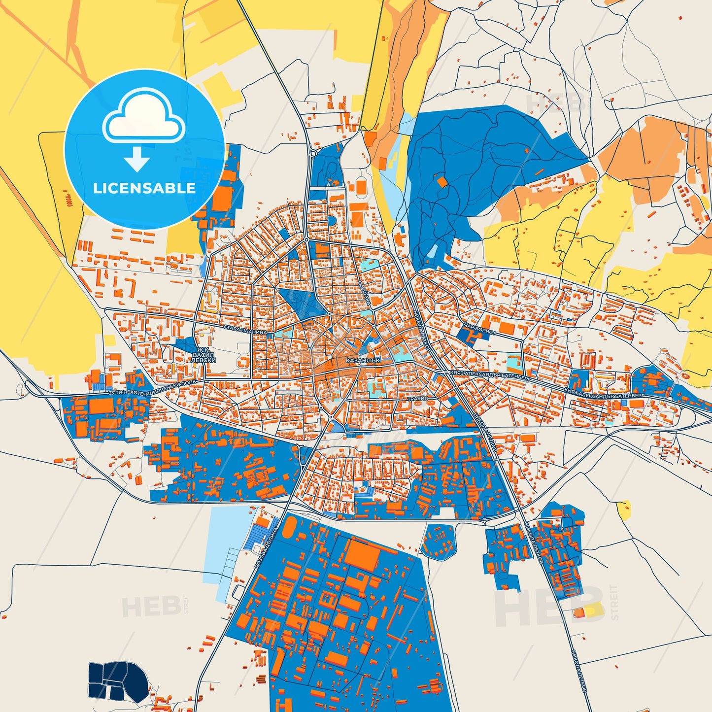 Colorful Kazanlak Street Map with Labels and Buildings