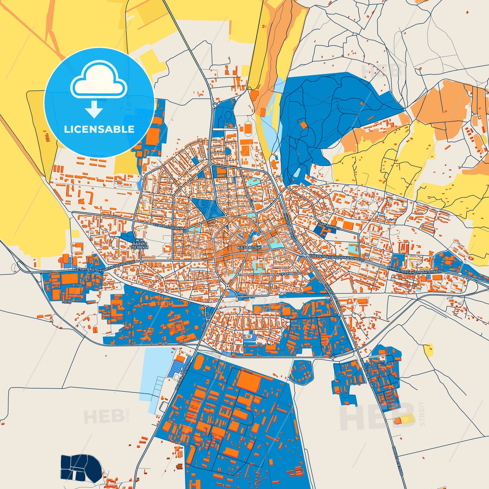 Colorful Kazanlak Street Map with Labels and Buildings
