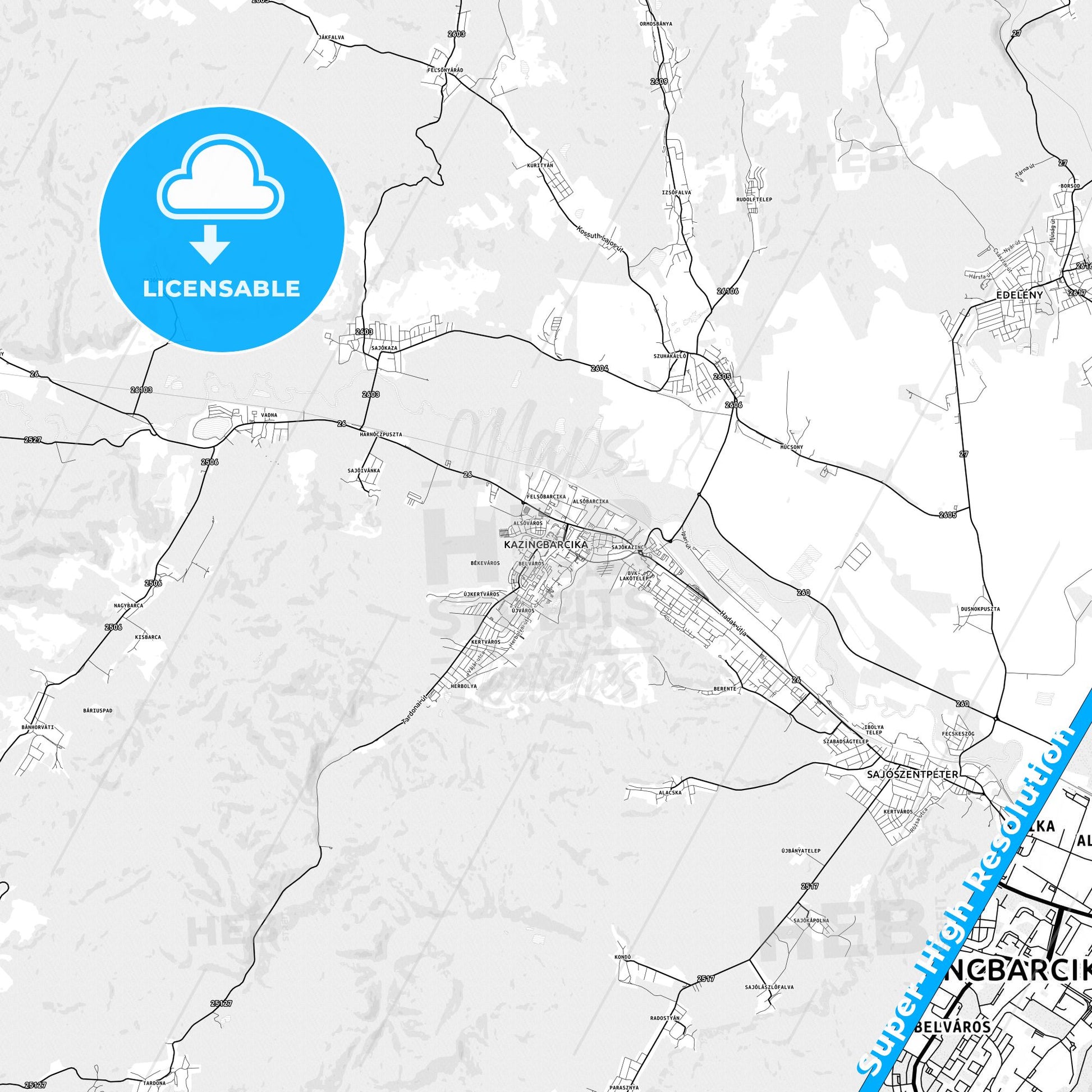 Kazincbarcika, Hungary light map with streetnames, citynames and districts