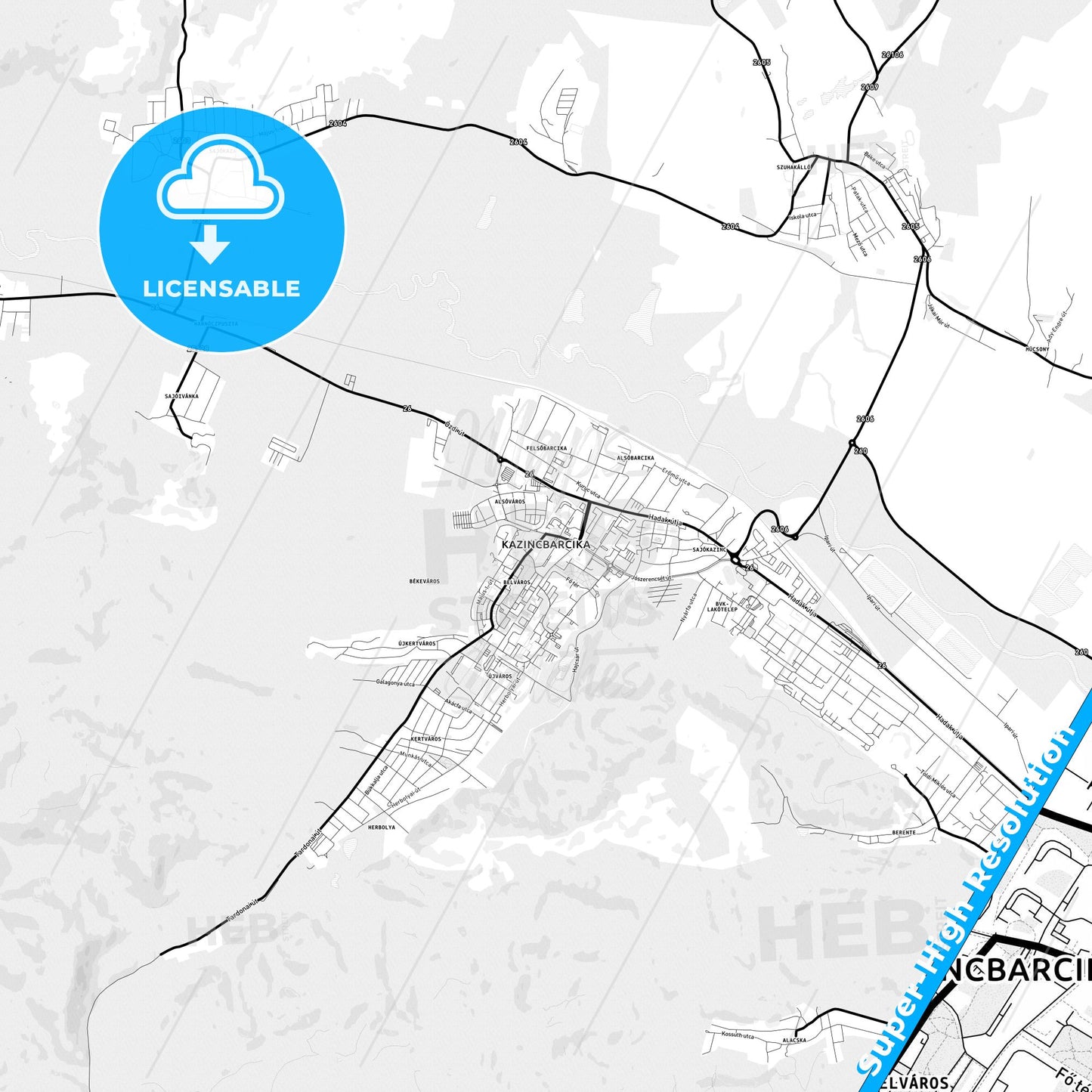Kazincbarcika, Hungary Light Map with Street Names, City Names, and Districts