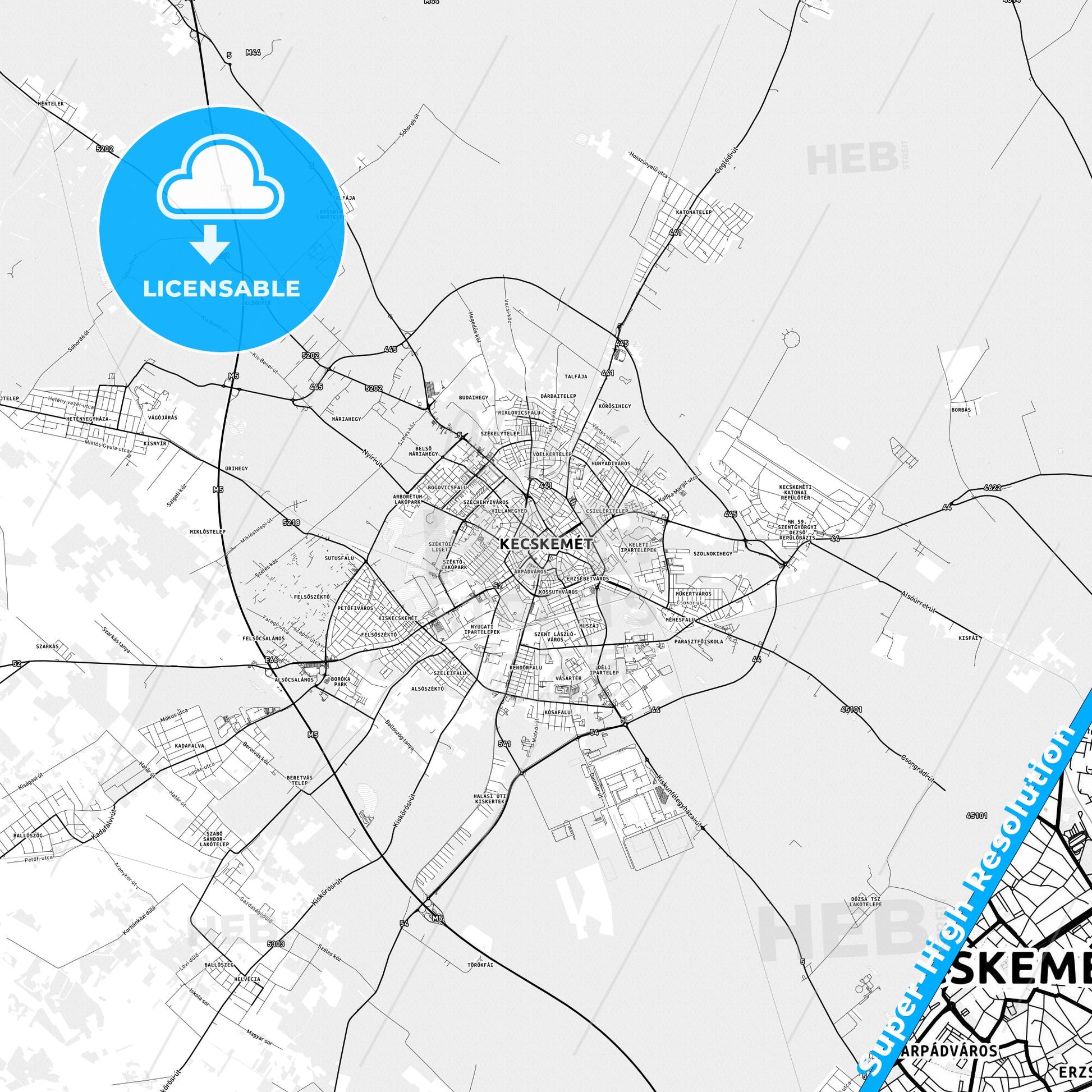 Kecskemét, Hungary light map with streetnames, citynames and districts