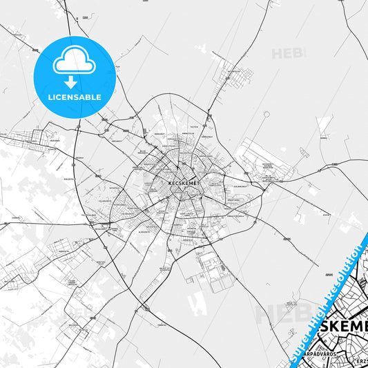 Kecskemét, Hungary light map with streetnames, citynames and districts