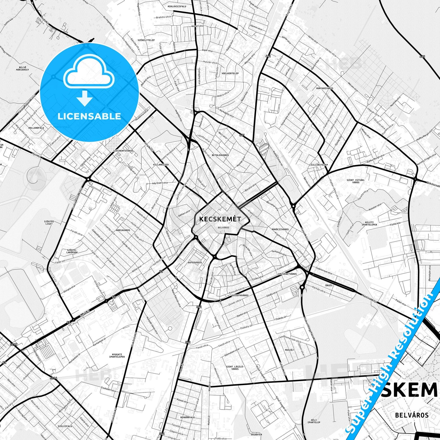 Kecskemét, Hungary Light Map with Street Names, City Names, and Districts