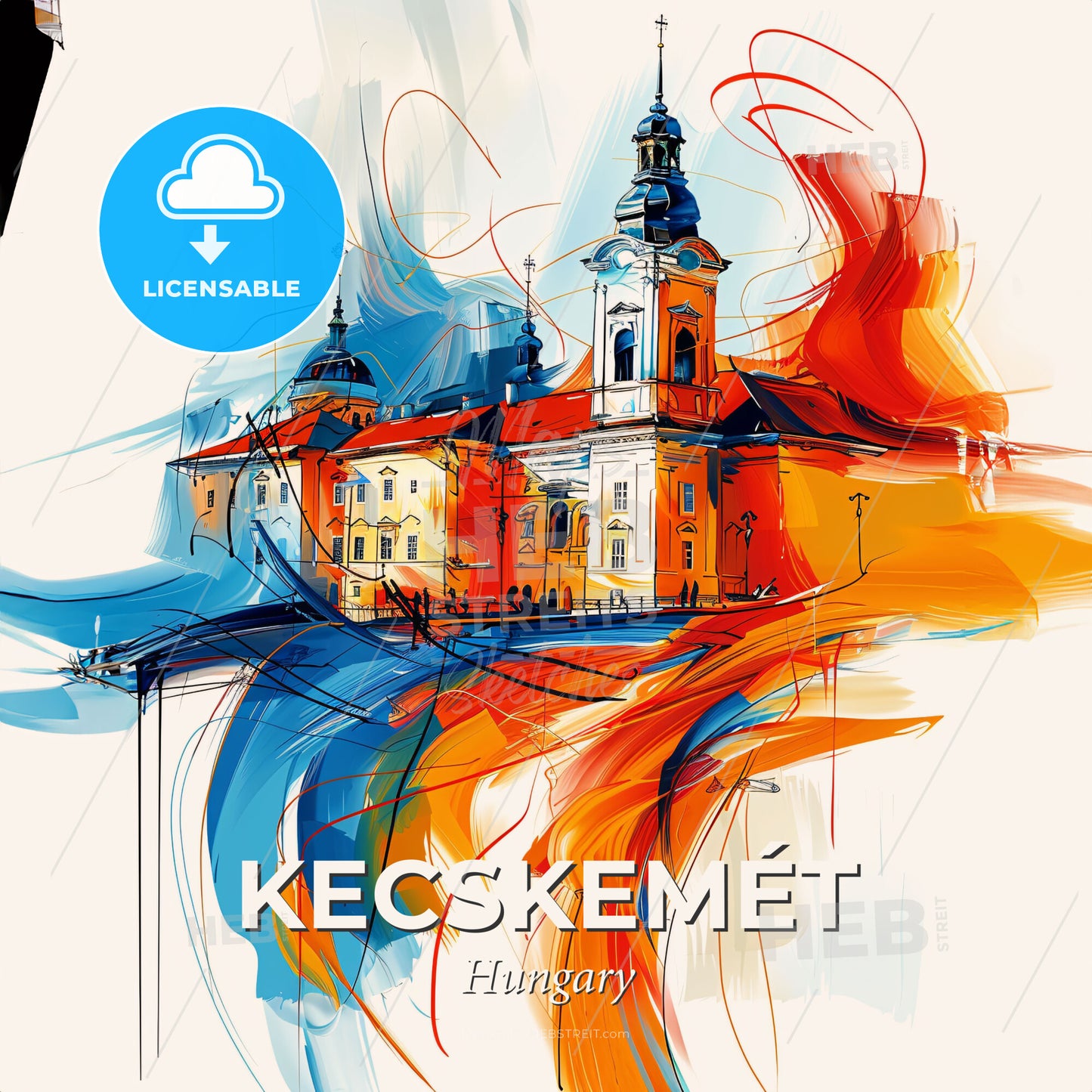 Vibrant Kecskemét, Hungary - A Painting Of A Building With A Colorful Background - Square format print template