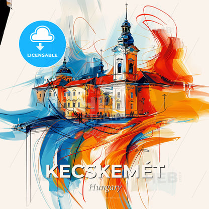 Vibrant Kecskemét, Hungary - A Painting Of A Building With A Colorful Background - Square format print template