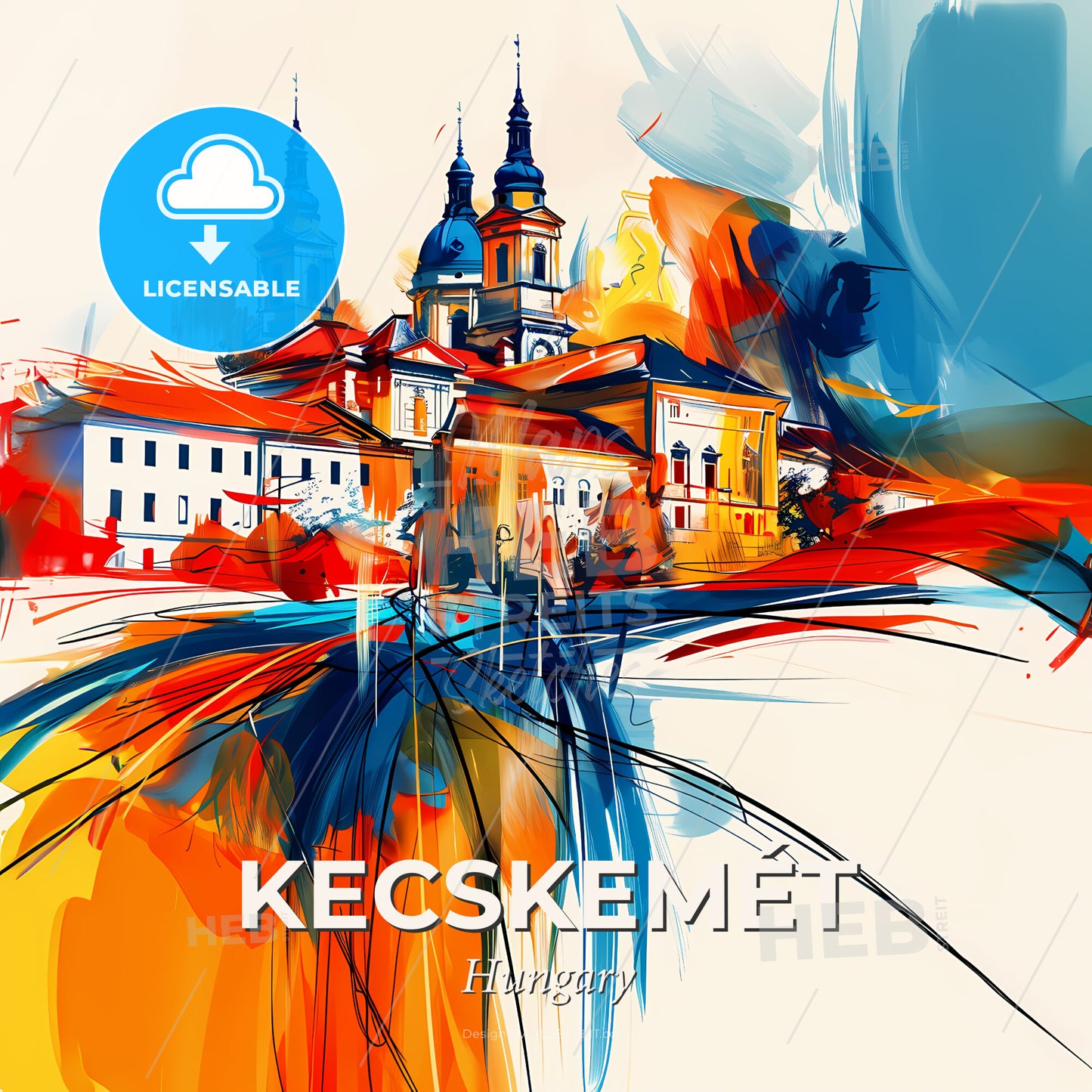 Vibrant Kecskemét, Hungary - A Painting Of A Building With Towers And A Colorful Background - Square format print template