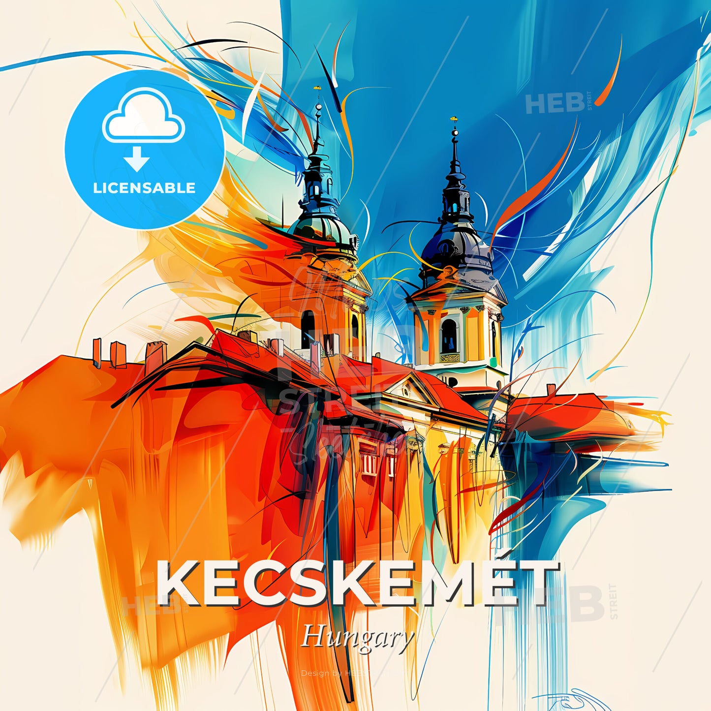 Vibrant Kecskemét, Hungary - A Painting Of A Building With Towers - Square format print template