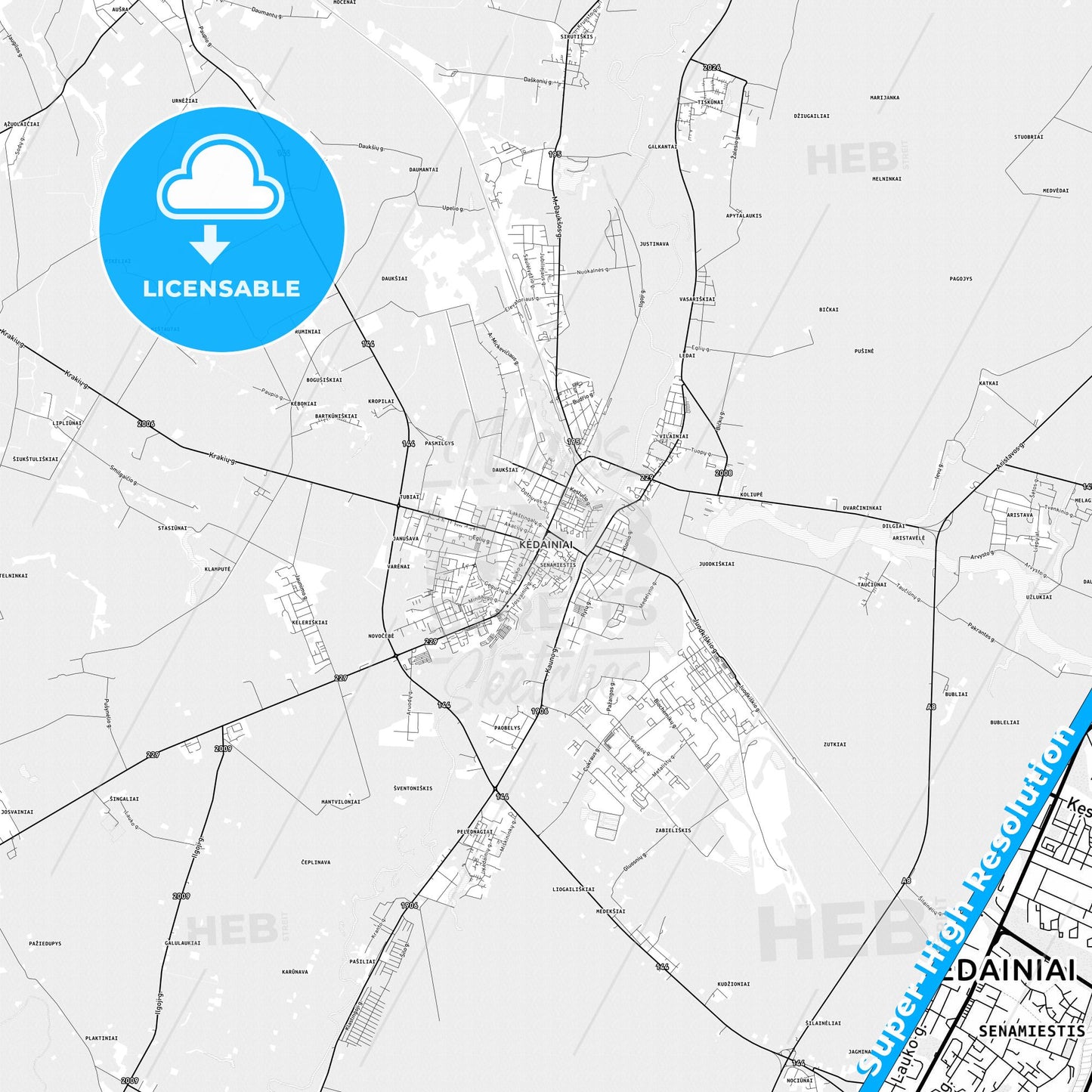 Kėdainiai, Lithuania light map with streetnames, citynames and districts