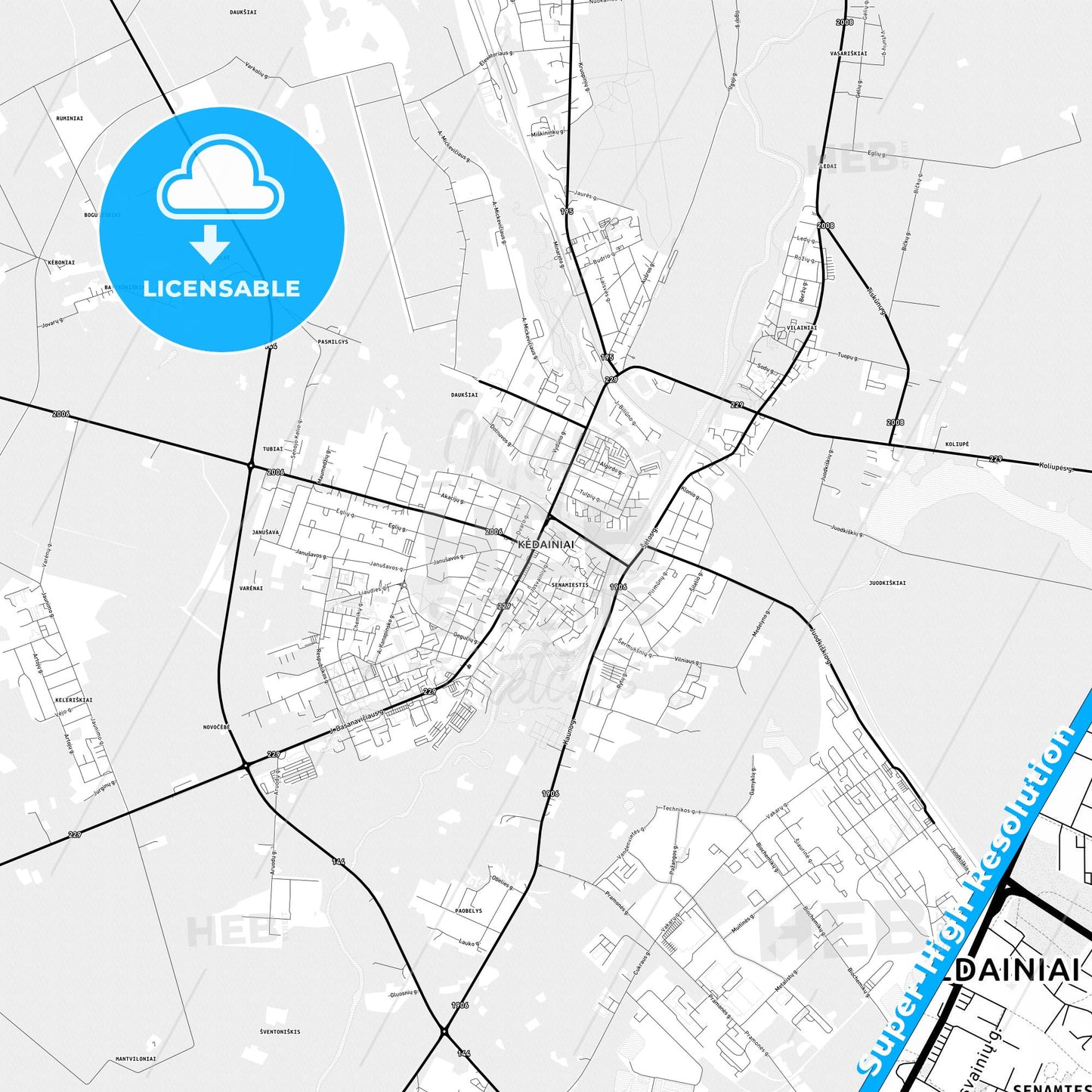 Kėdainiai, Lithuania Light Map with Street Names, City Names, and Districts