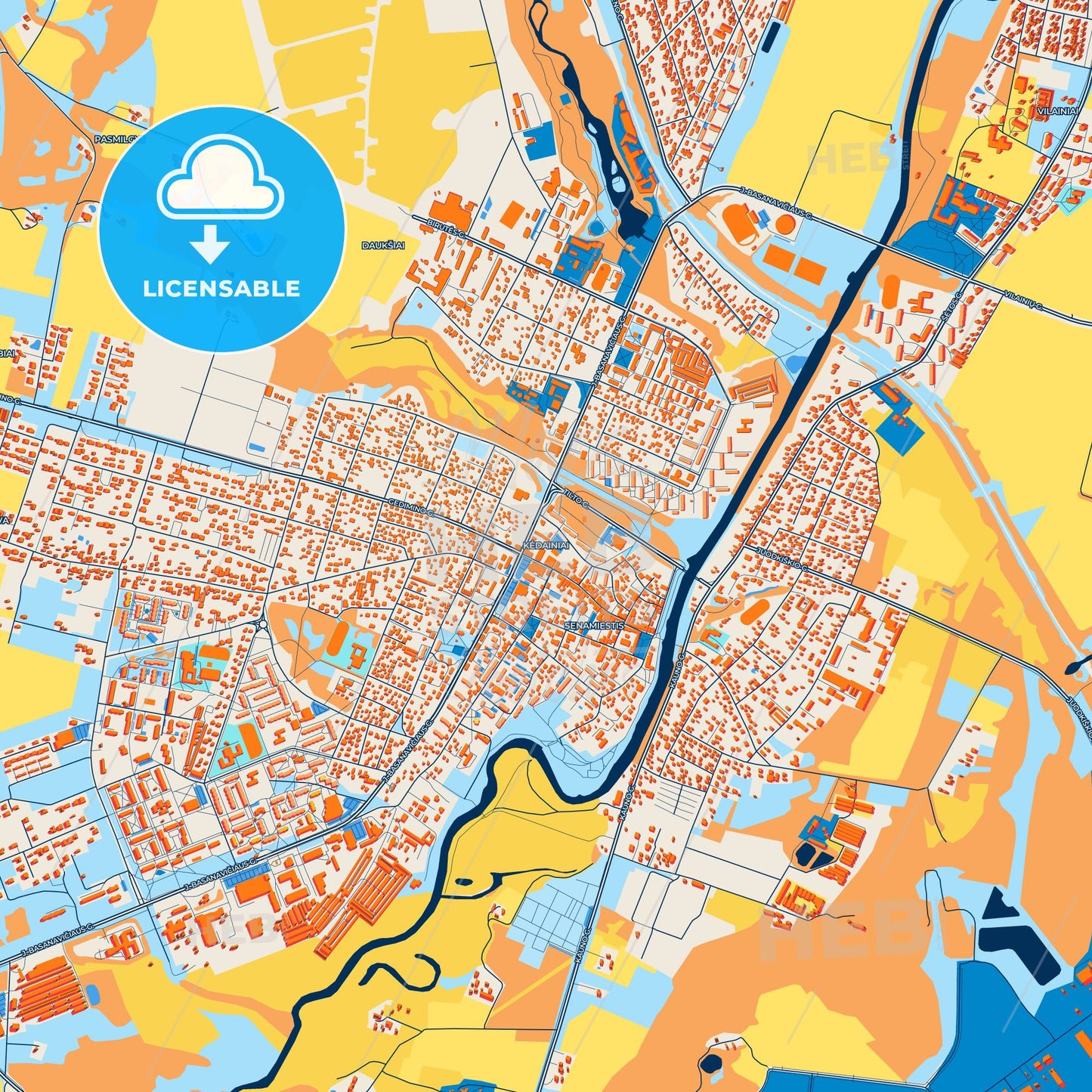Colorful Kėdainiai Street Map with Labels and Buildings