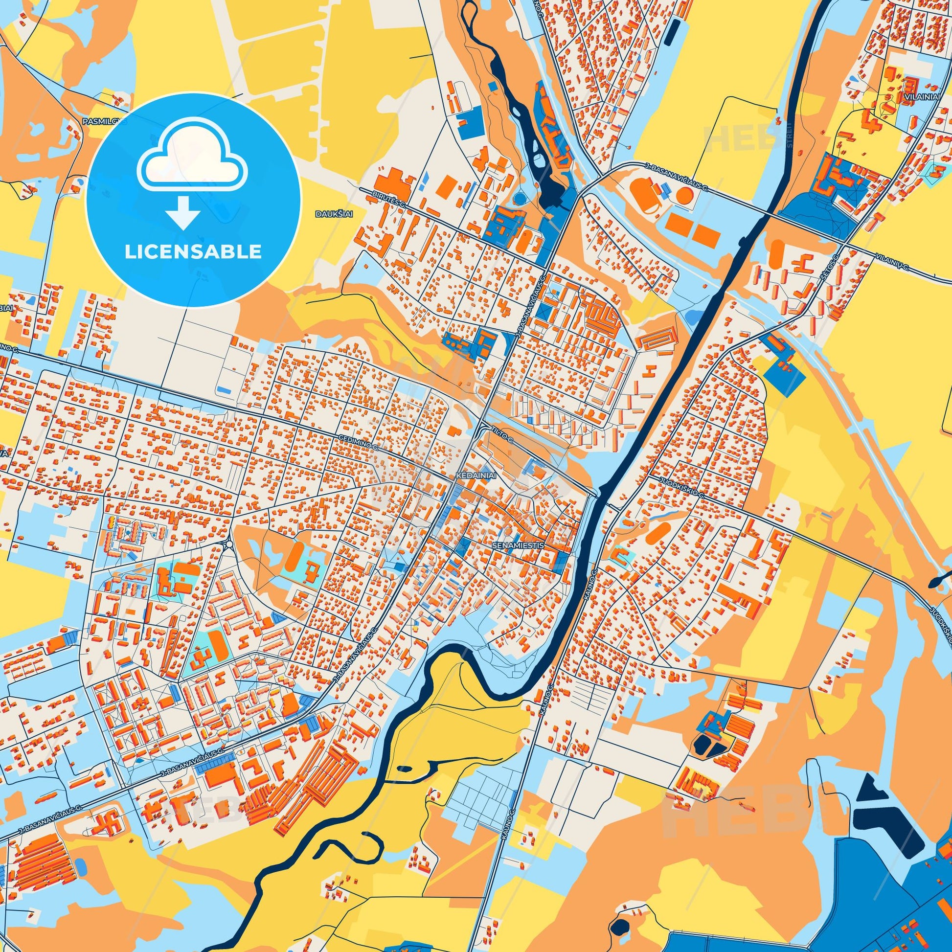 Colorful Kėdainiai Street Map with Labels and Buildings