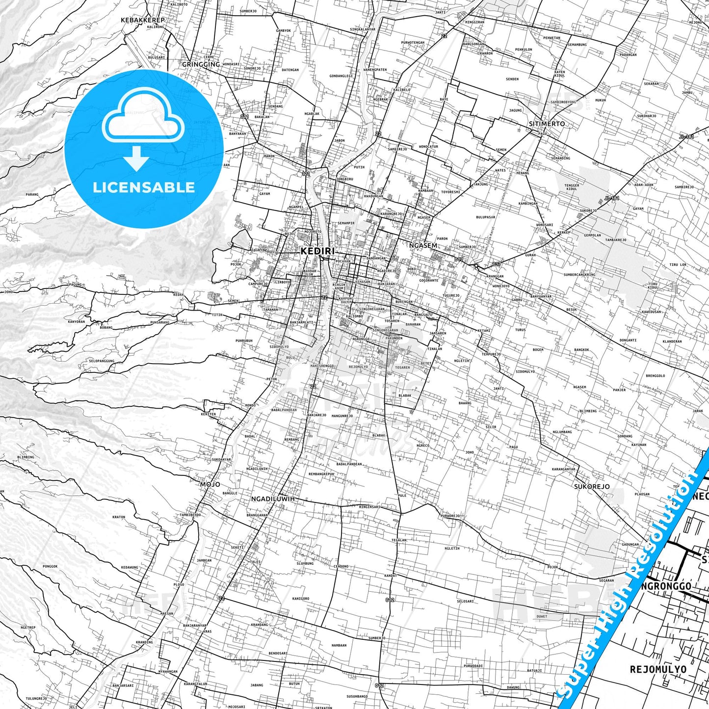 Kediri, Indonesia light map with streetnames, citynames and districts