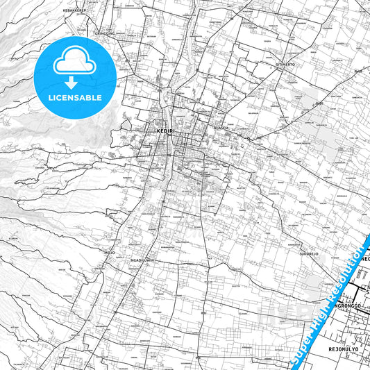 Kediri, Indonesia light map with streetnames, citynames and districts