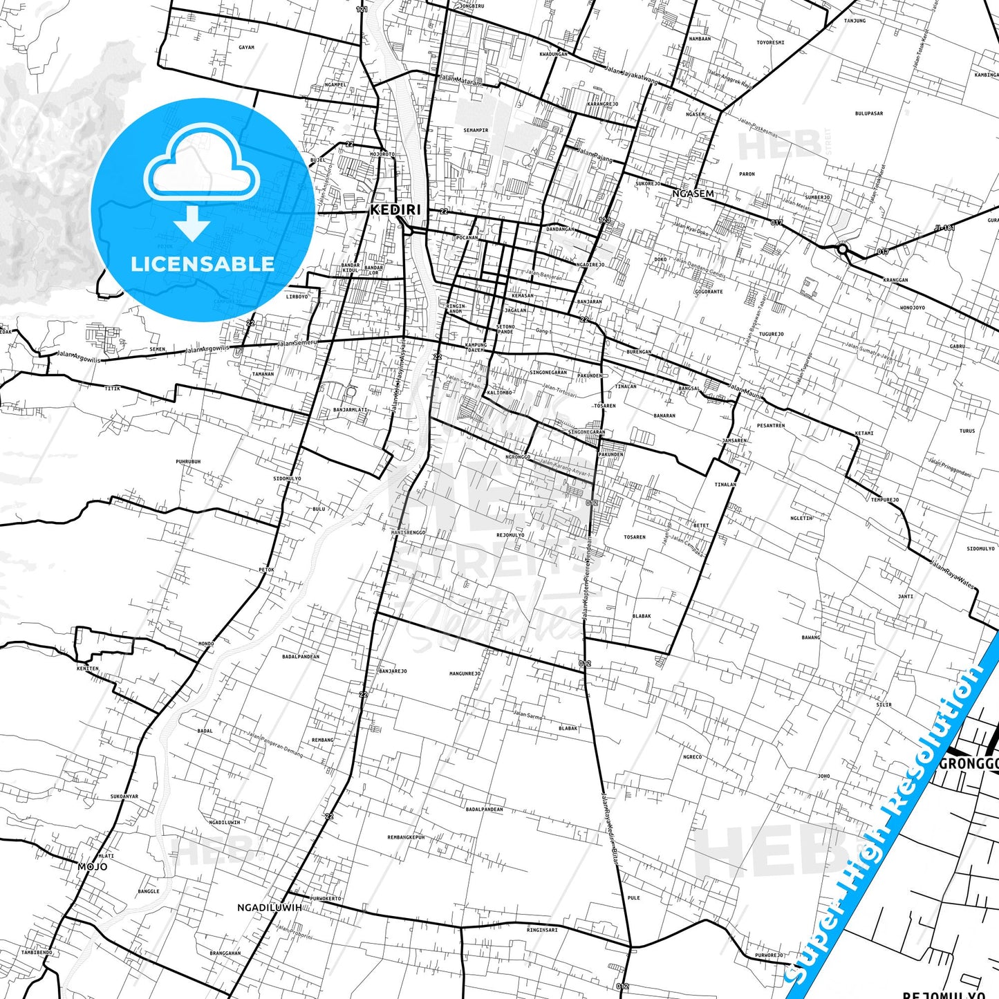 Kediri, Indonesia Light Map with Street Names, City Names, and Districts
