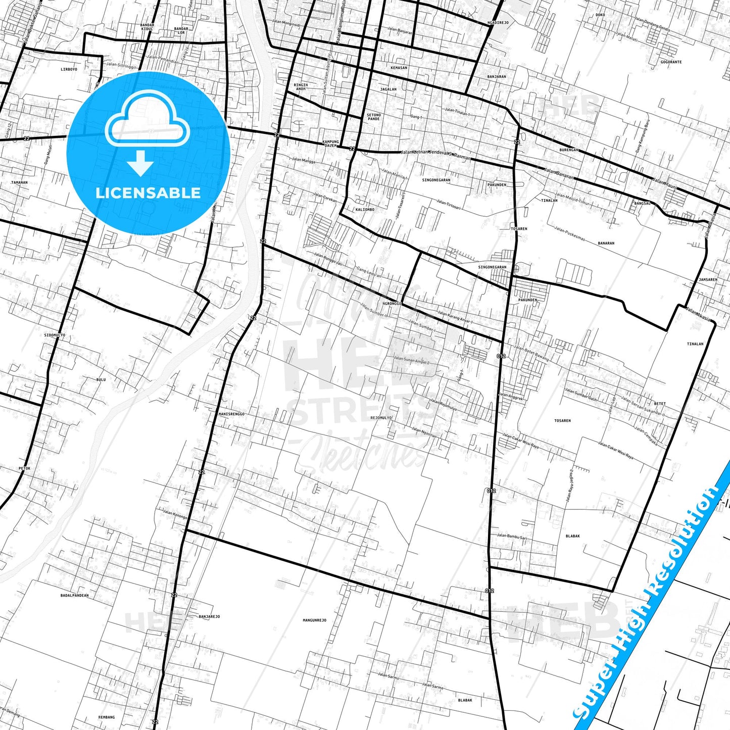 Kediri, Indonesia Light Map with Street Names, City Names, and Districts