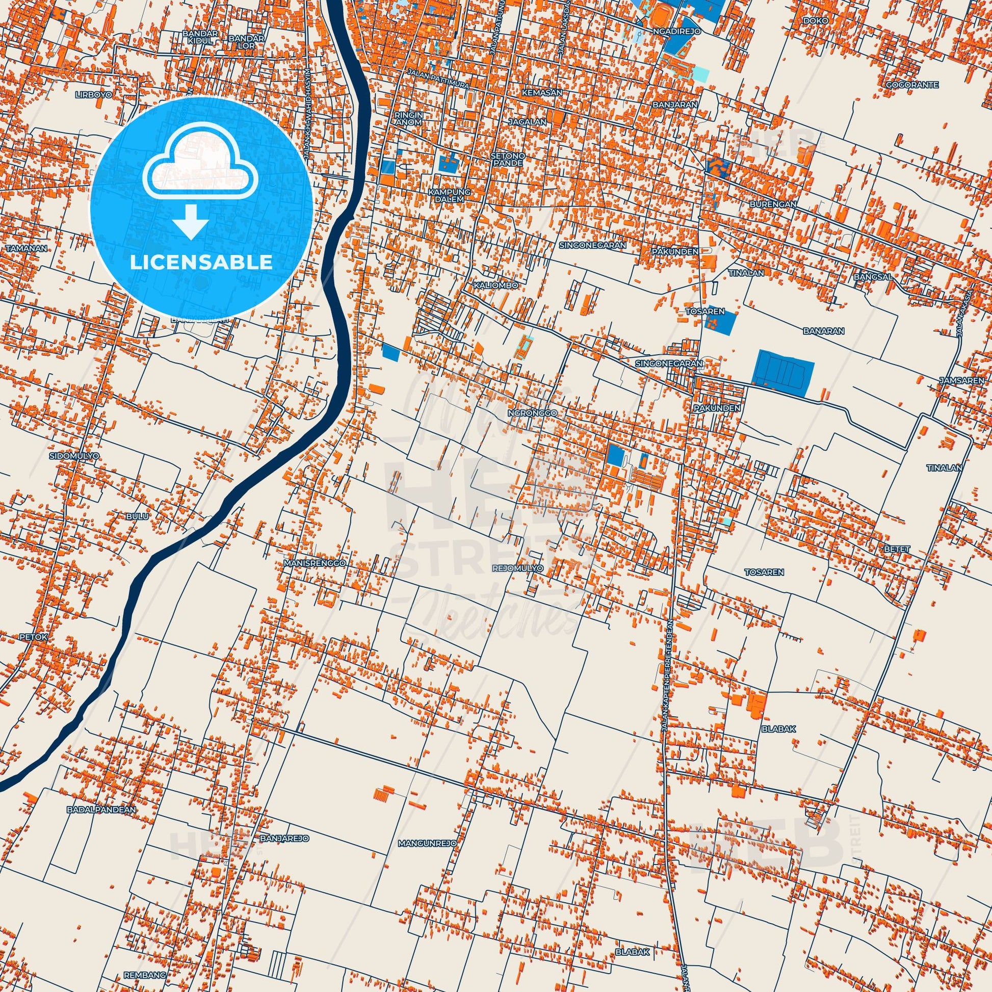 Colorful Kediri Street Map with Labels and Buildings