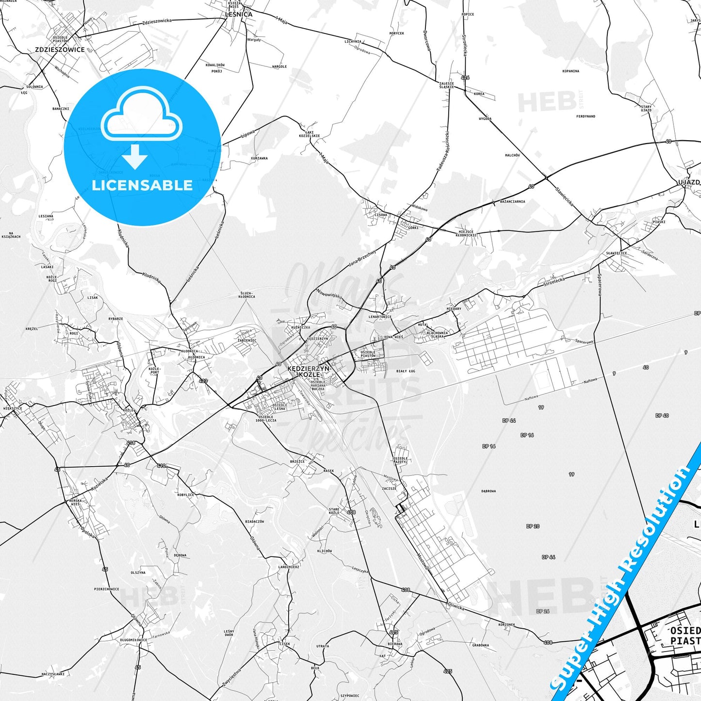 Kędzierzyn-Koźle, Poland light map with streetnames, citynames and districts