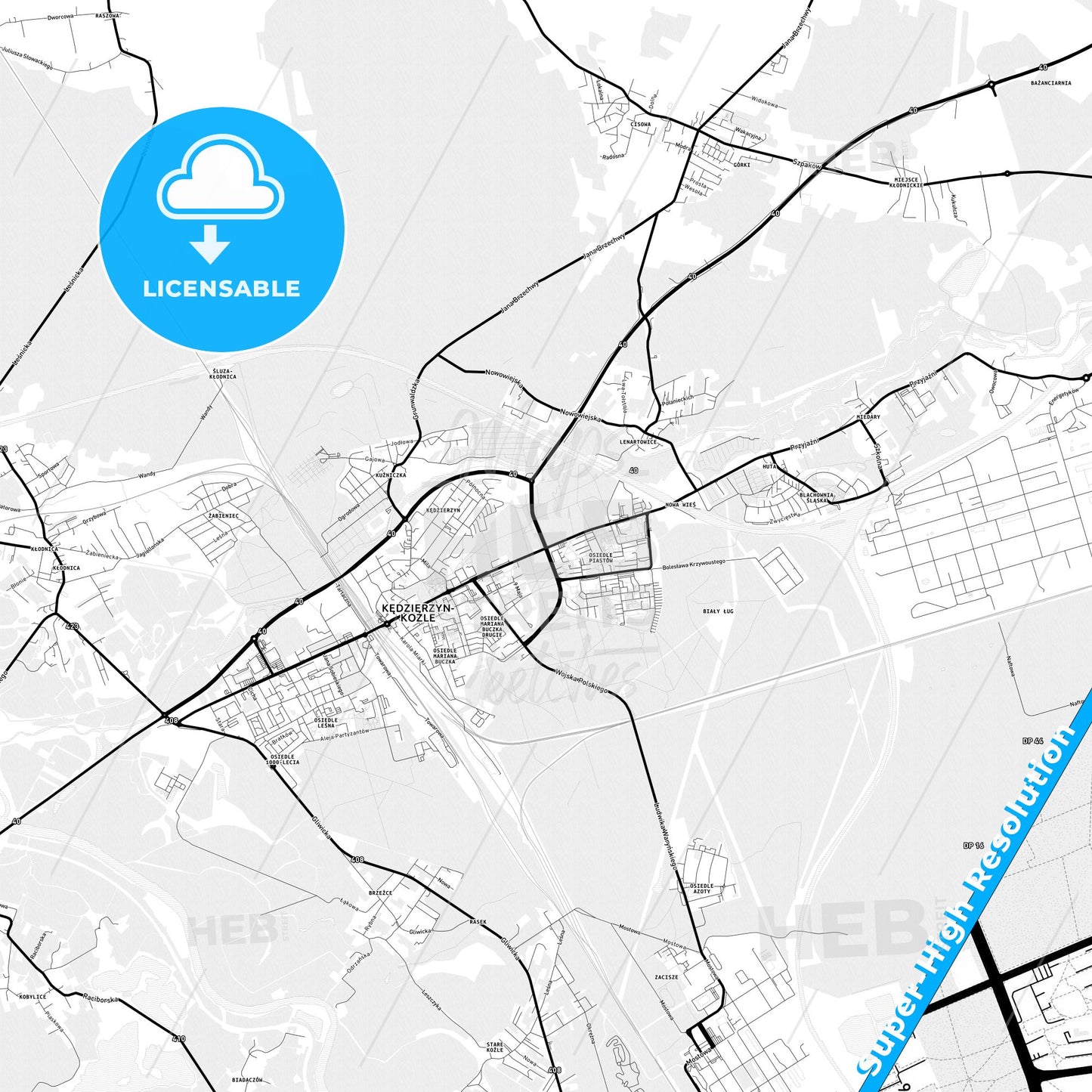 Kędzierzyn-Koźle, Poland Light Map with Street Names, City Names, and Districts