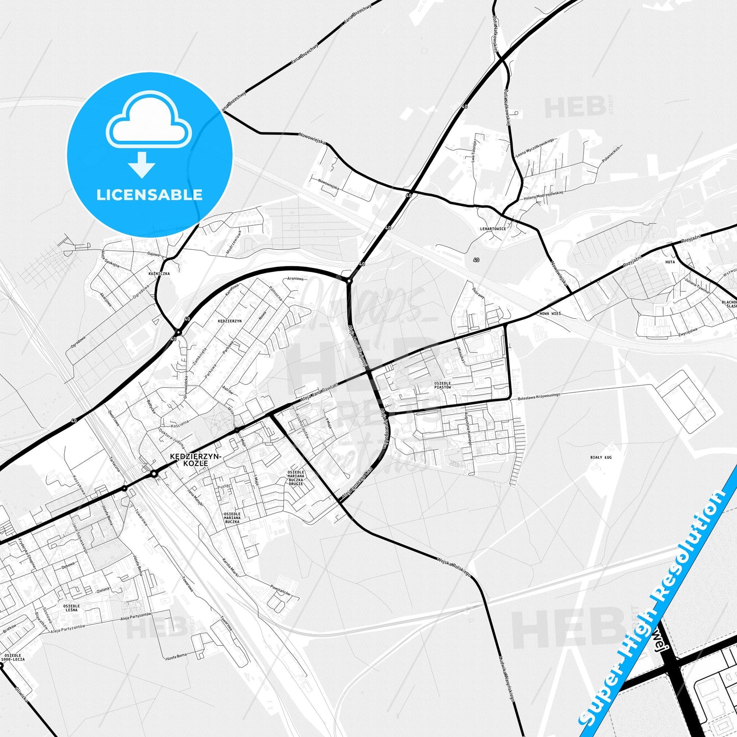 Kędzierzyn-Koźle, Poland Light Map with Street Names, City Names, and Districts