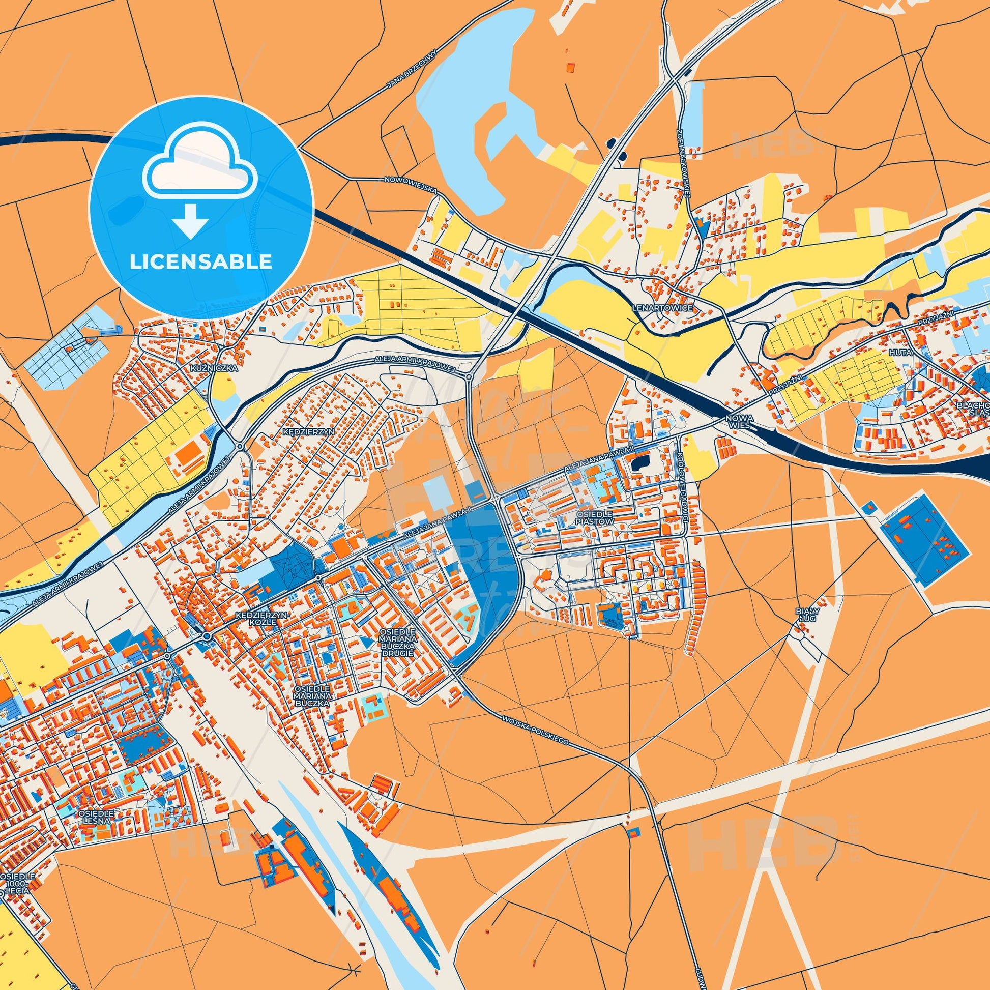 Colorful Kędzierzyn-Koźle Street Map with Labels and Buildings