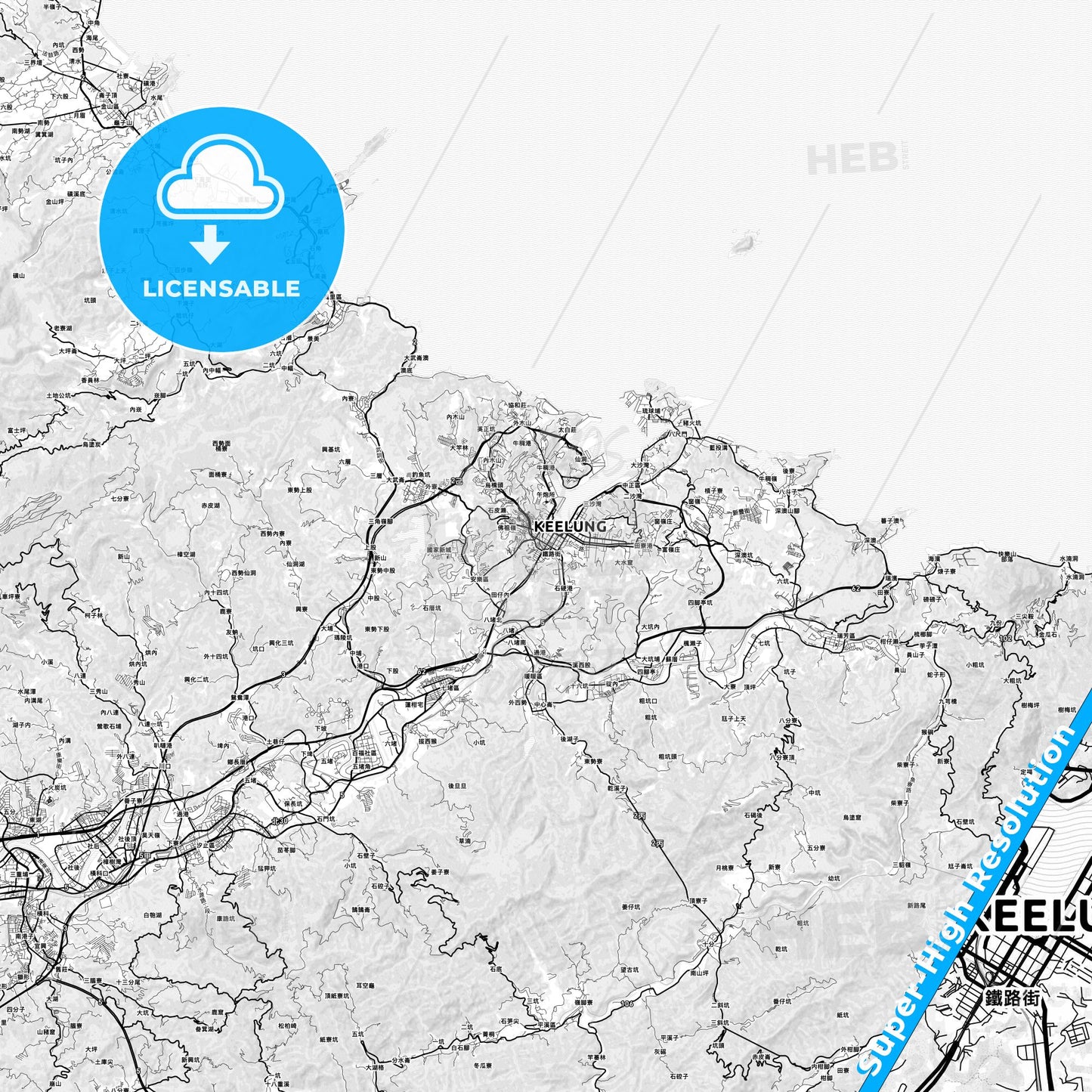 Keelung, Taiwan light map with streetnames, citynames and districts