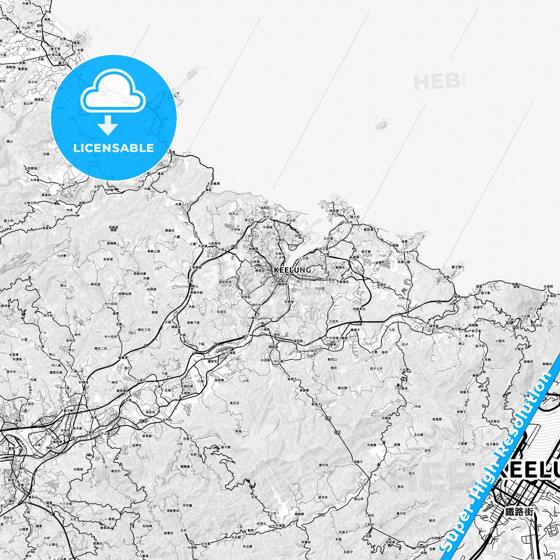 Keelung, Taiwan light map with streetnames, citynames and districts