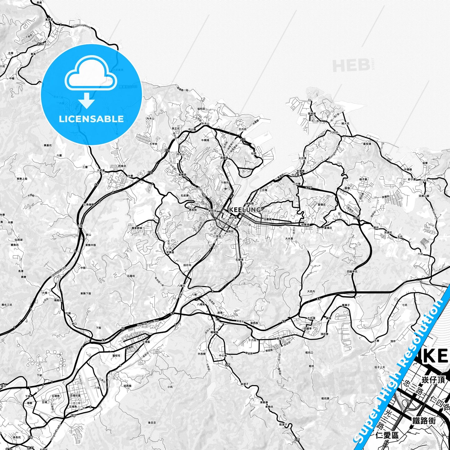 Keelung, Taiwan Light Map with Street Names, City Names, and Districts