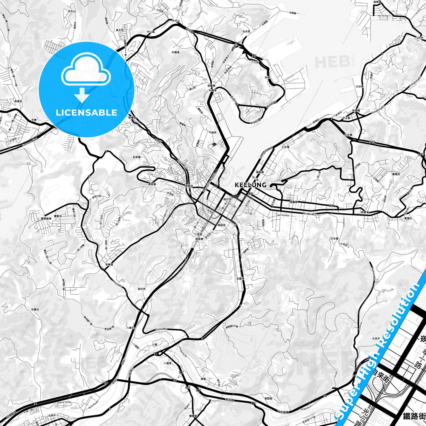 Keelung, Taiwan Light Map with Street Names, City Names, and Districts