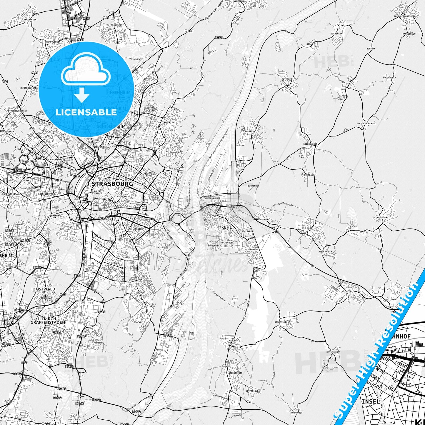 Kehl, Germany light map with streetnames, citynames and districts