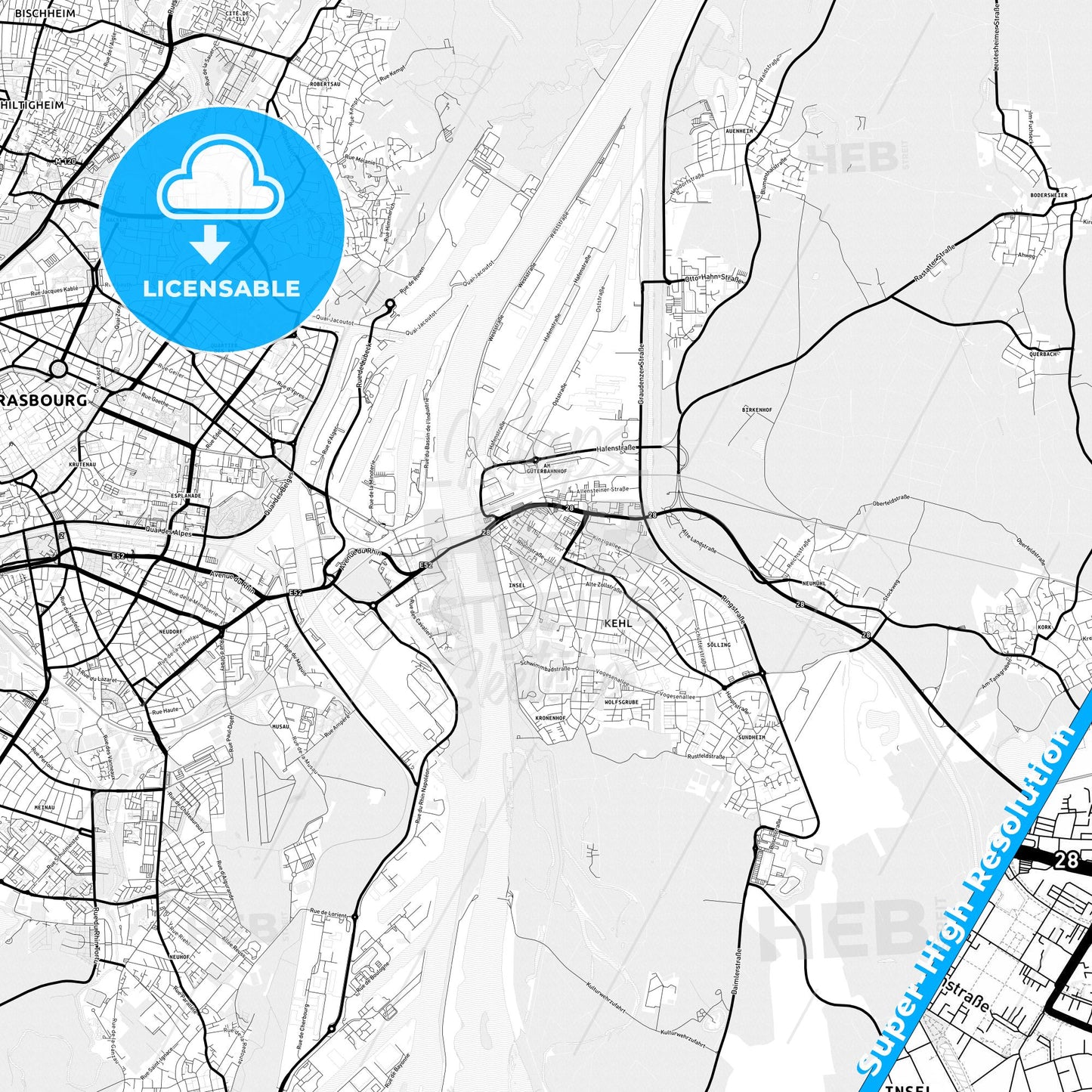 Kehl, Germany Light Map with Street Names, City Names, and Districts