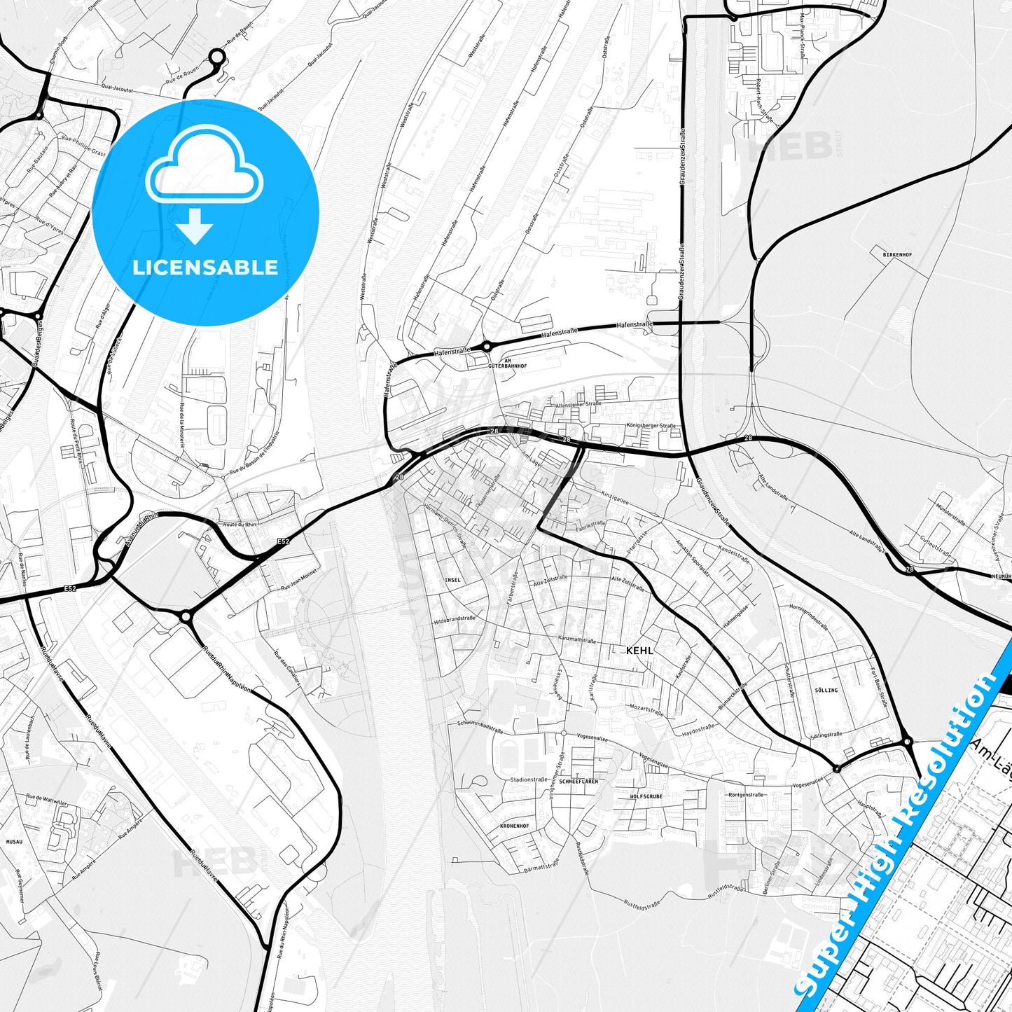 Kehl, Germany Light Map with Street Names, City Names, and Districts