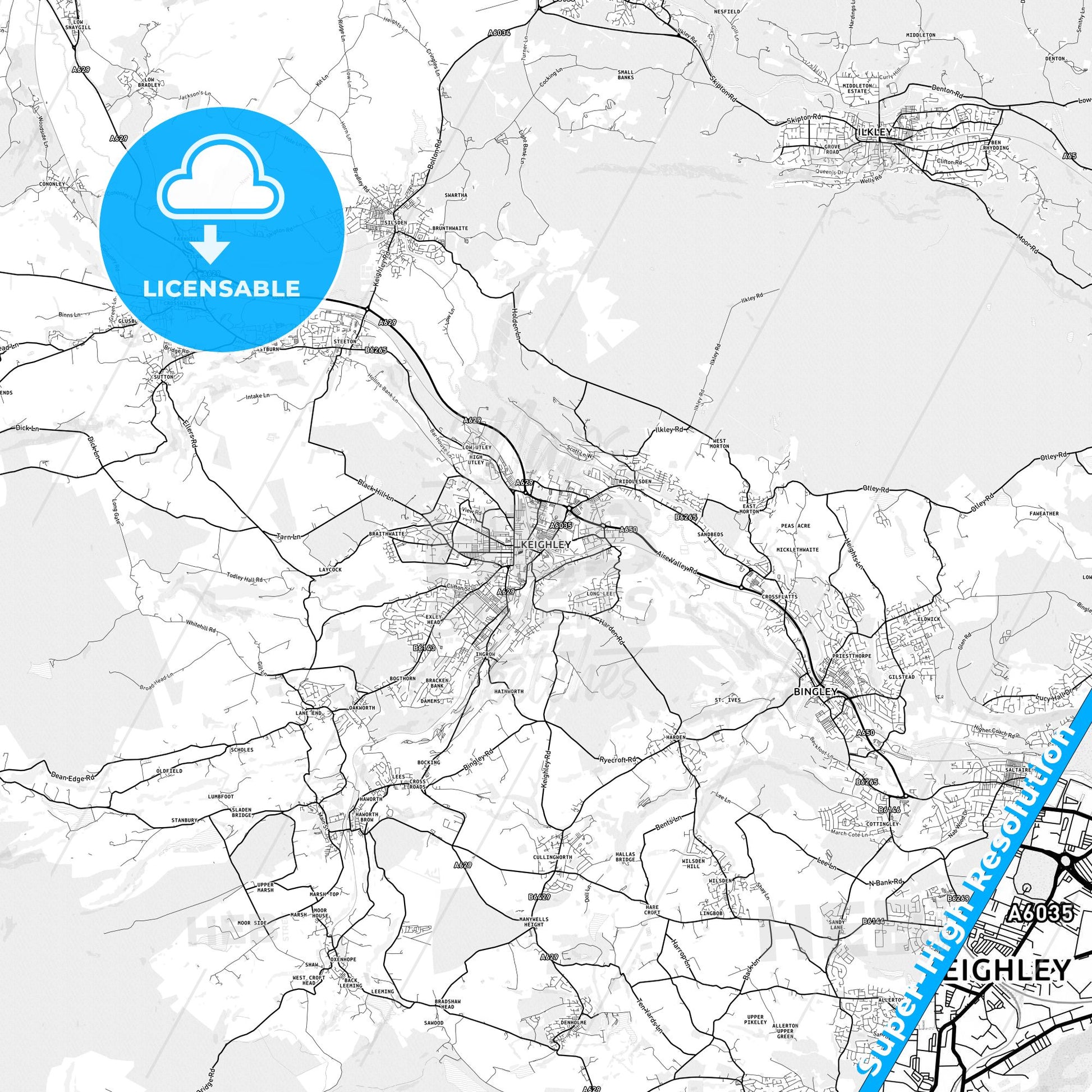 Keighley, England light map with streetnames, citynames and districts
