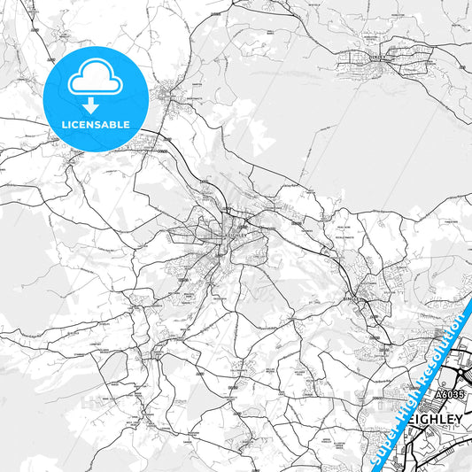 Keighley, England light map with streetnames, citynames and districts
